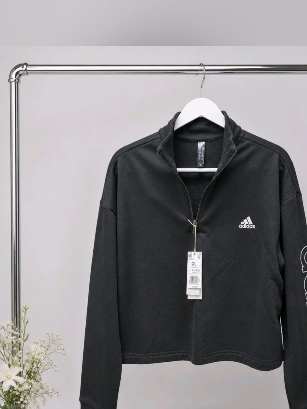 Adidas NWT Wmn’s Black Quarter-Zip Cropped Pullover Jacket Black W/White Sz XL
